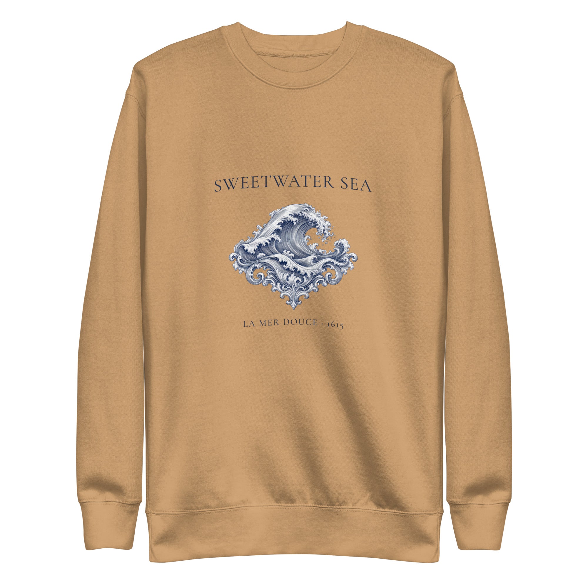 Sweetwater Sea Crewneck in Khaki with navy engraving print, front view