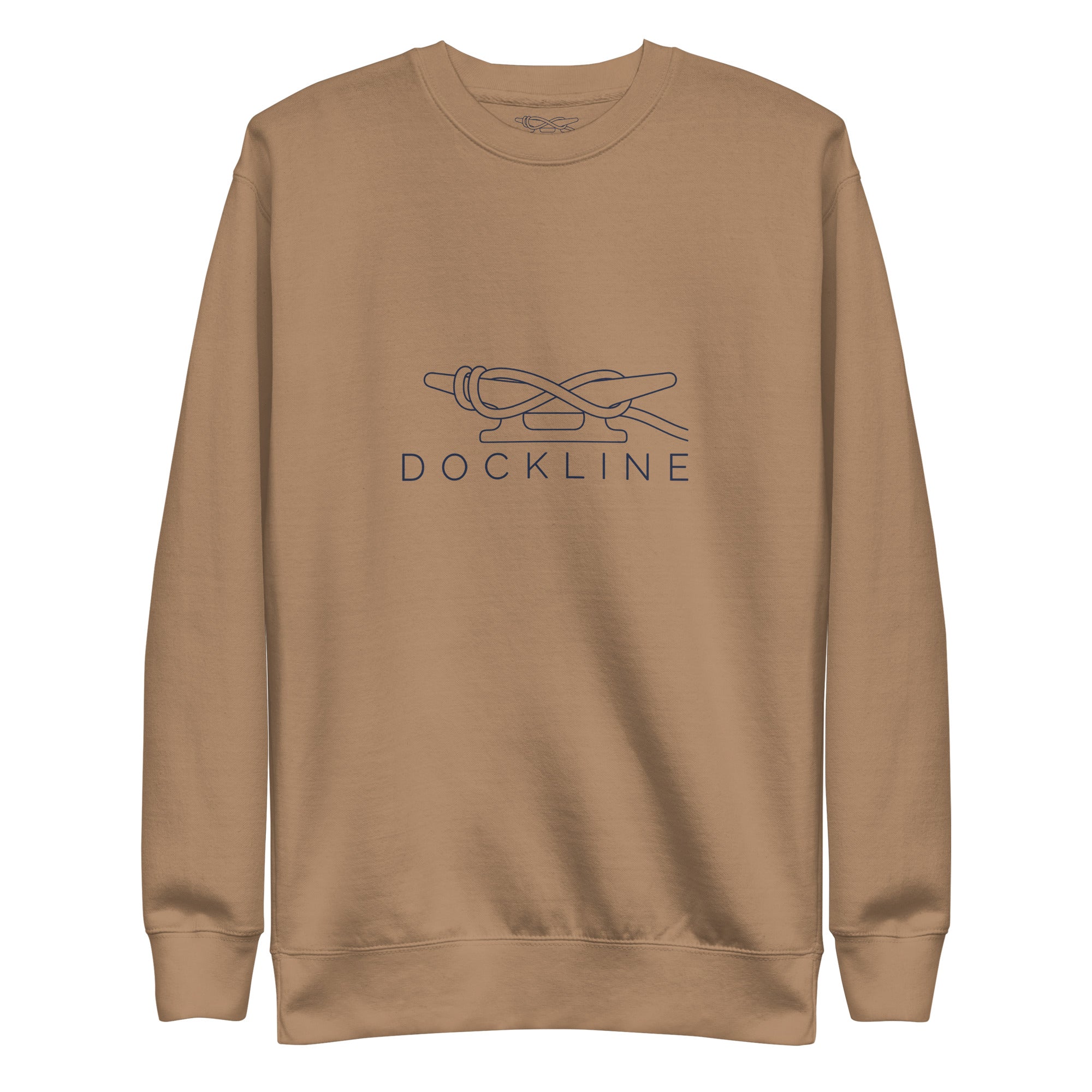 Dockline Mark Crew in Latte with navy lockup, front view