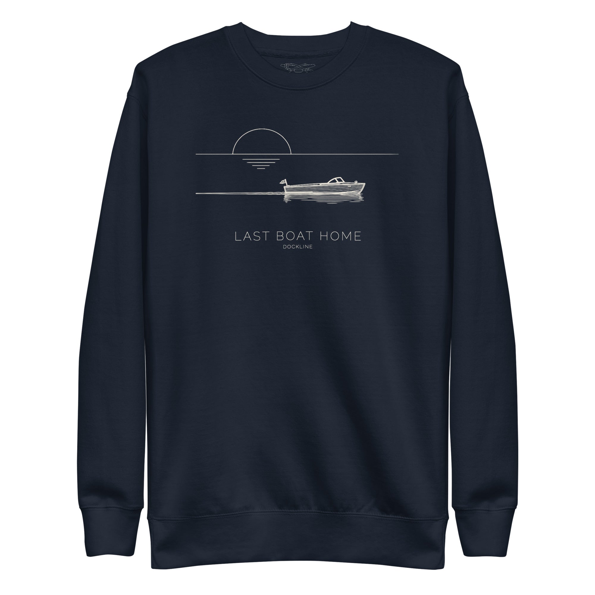 Last Boat Home Crewneck in Navy Blazer with Sail Cream illustration, front view