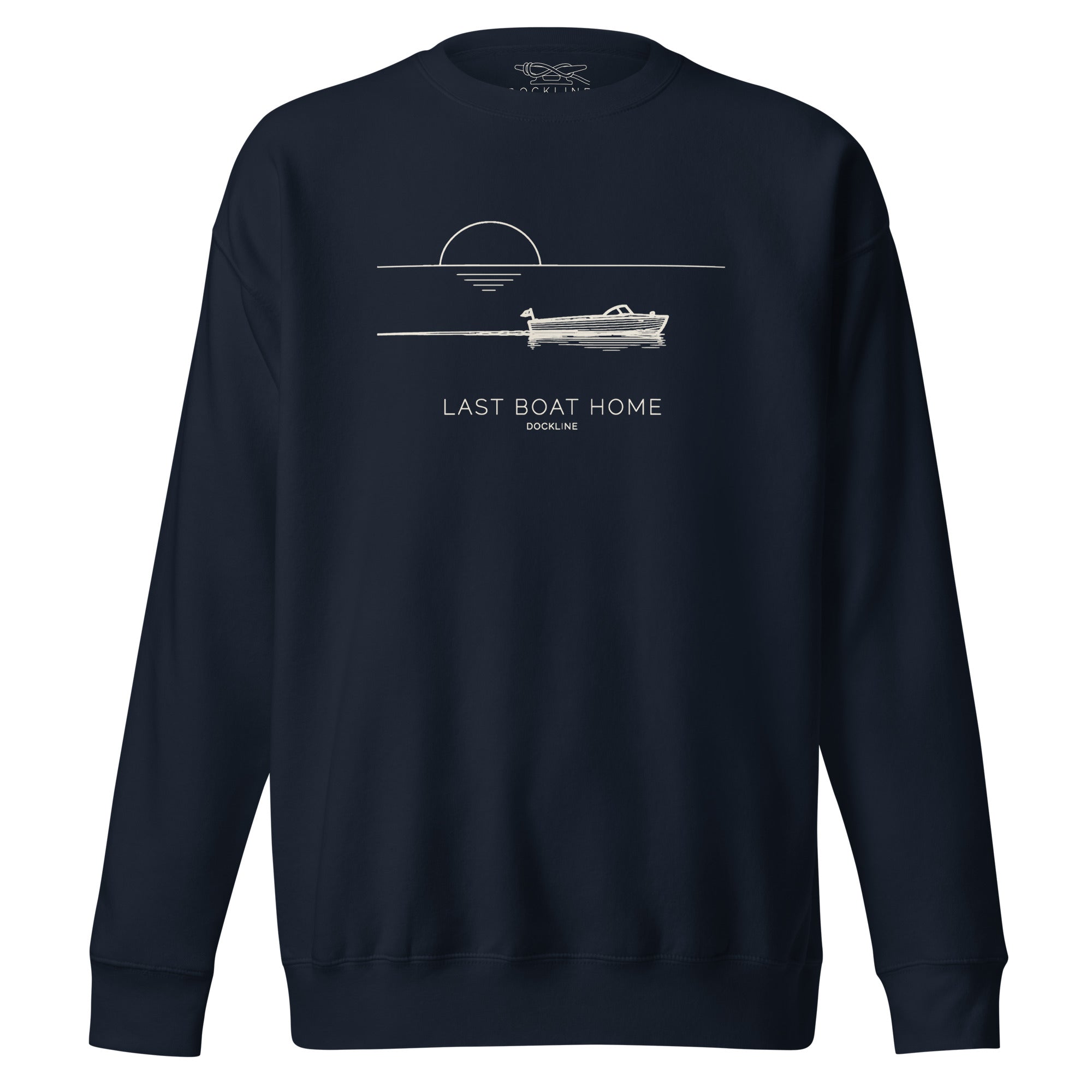 Last Boat Home Crewneck in Navy Blazer with Sail Cream illustration, front view